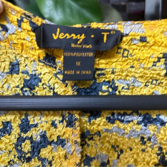 Jenny T golden yellow navy blue frilly Aline dress ruched pleats 1X - Picture 5 of 12